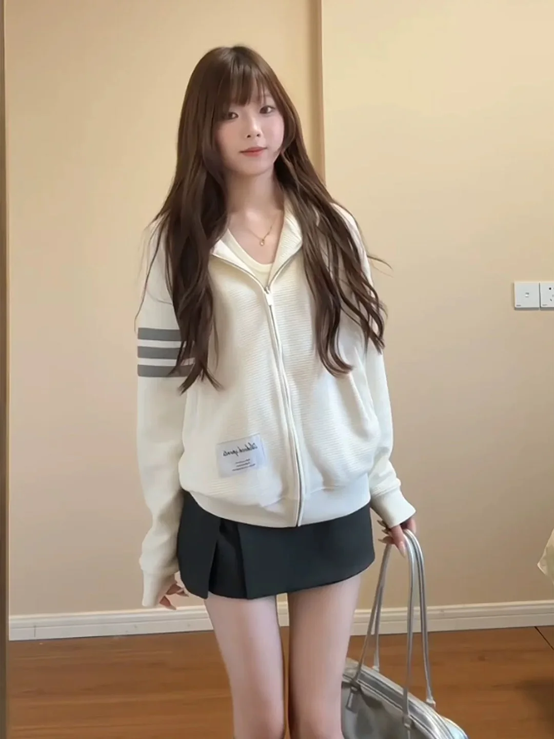 Loose Women's Hoodie Cardigan Korean College Style Three Bars Waffle Pattern Autumn Trendy Comfortable Long Sleeve Zipper