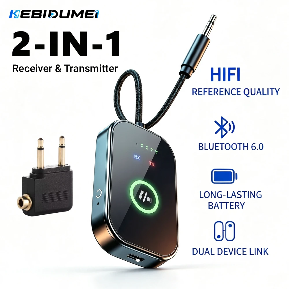 KEBIDUMEI Bluetooth 6.0 AUX Empfänger-Sender 3,5MM Mit Mikrofon HiFi Stereo Musik Drahtloser Audio-Adapter Für TV PC Flugzeug Auto