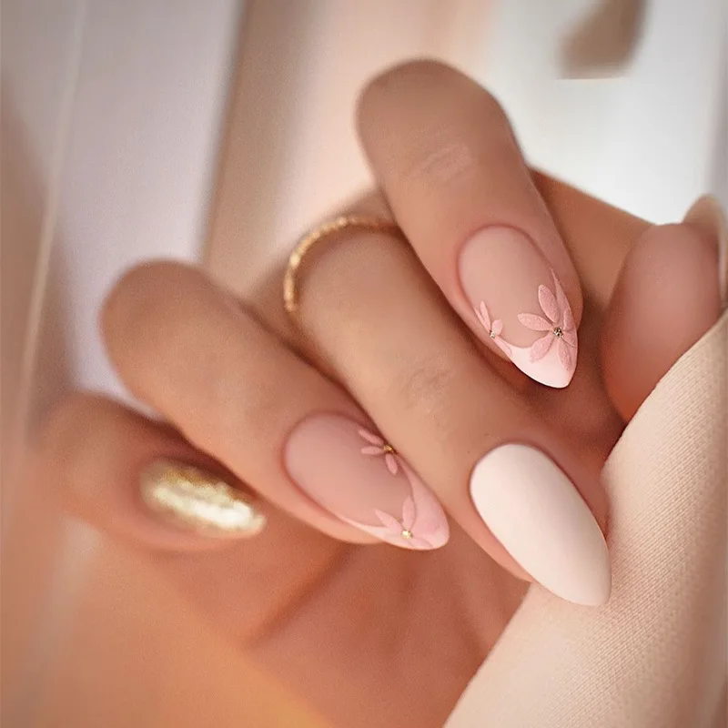 24Pcs Long Almond False Nails with Golden Lines Design Wearable French Press on Fake Nails Finished Oval Full Cover Nail Tips