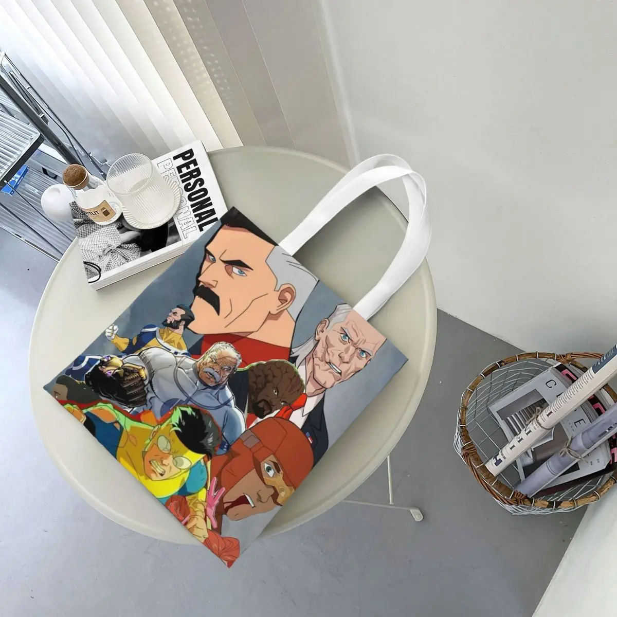 กระเป๋าช้อปปิ้งลายการ์ตูนอินวินซิเบิล กระเป๋าผ้าแคนวาสพับได้ กระเป๋าสะพายไหล่สำหรับสาวๆ กระเป๋าถือสำหรับเดินทาง