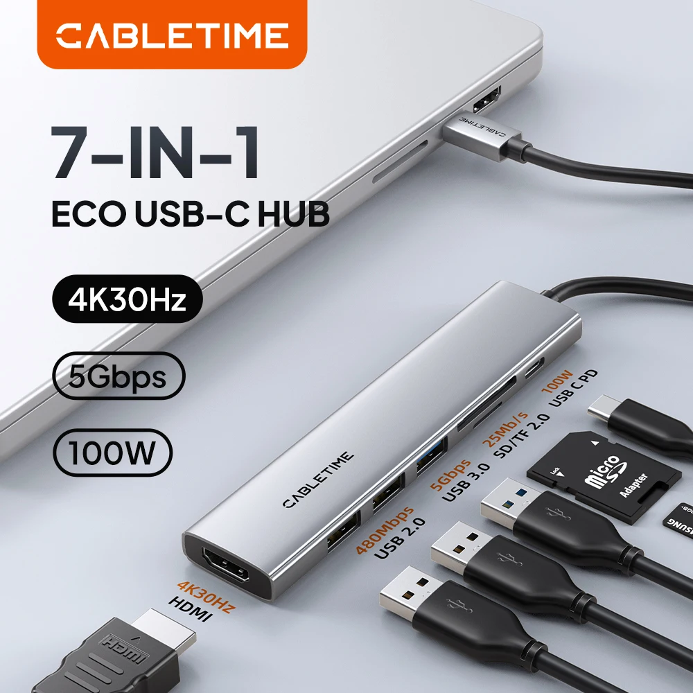 CABLETIME USB C Hub Typ C Hub Adapter 7 IN 1 4K HDMI SD/TF Ultra Slim Aluminium Multiport für Macbook Pro/Air Typ C Hub