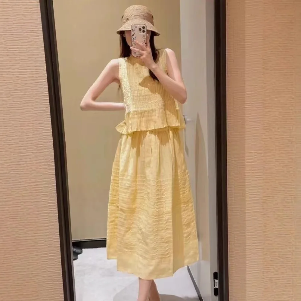 

Spring Summer New Heavy Embroidery Linen Svel Vest High Waist A-Line Midi Skirt Faion Set Women's Premium Clothing