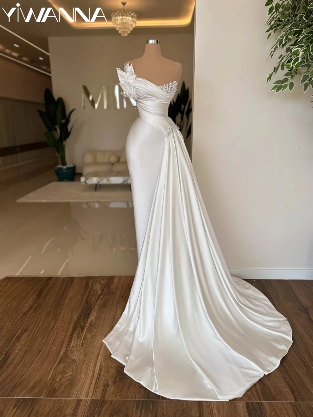 

Shiny Pearls Satin Mermaid Long Wedding Dress With Side Cape Sweetheart Neck Bridal Gown Customized Elegant Dresses For Bride