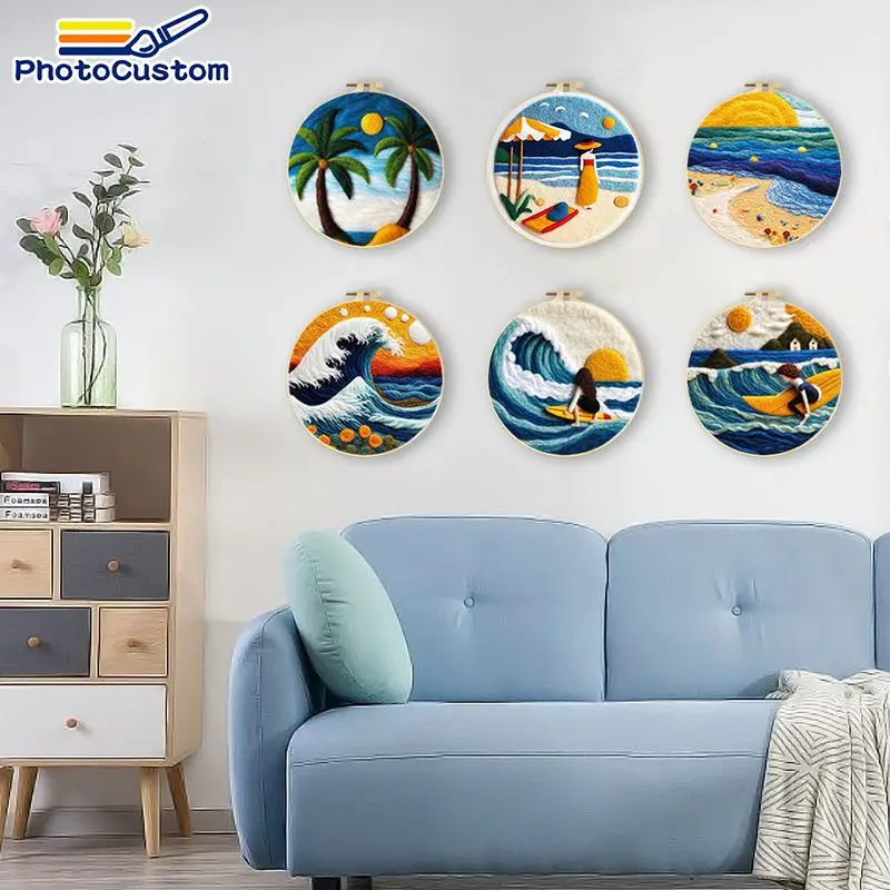 

PhotoCustom Sailboat Wool Painting Home Wall Art Decor Adult Craft Kits Landscape Felting Kits For Beginners Adult Painting Deco