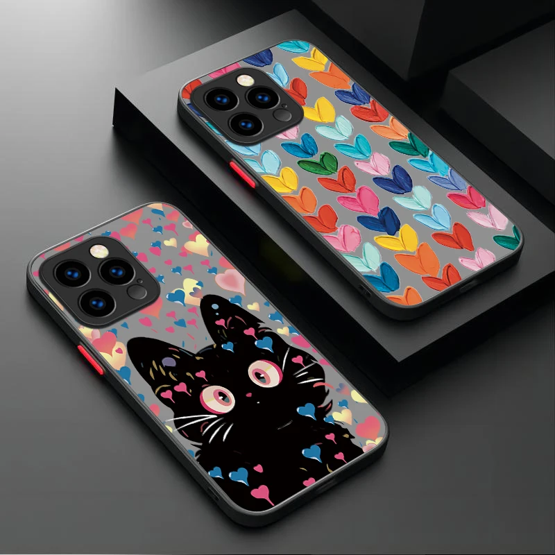 Oil Painting Love Black Cat Phone Case For iPhone 15 14 13 12 11 Pro Max mini X XR XS 7 8 6 Plus SE 2020 Shockproof Bumper Cover