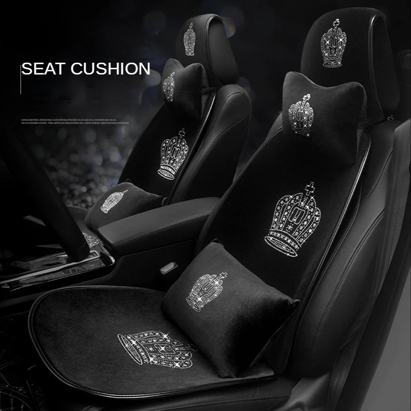 Diamond Inlaid Crown Car Seat Cushion For Women Backless Three Piece Set Single Front Seat Protector Cover Back Mat Accessories