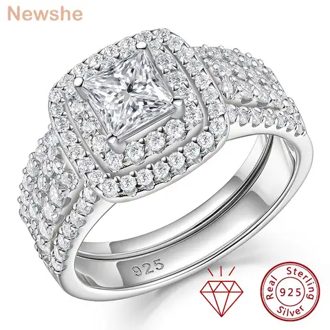 GRA 인증서가있는 Newshe Moissanite 여성을위한 웨딩 반지 세트 럭셔리 925 스털링 실버 헤일로 프린세스 컷 우아한 보석
