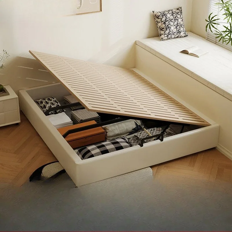 bedside bed frame, modern simple small apartment side open storage bed, solid wood high box cat claw leather bed