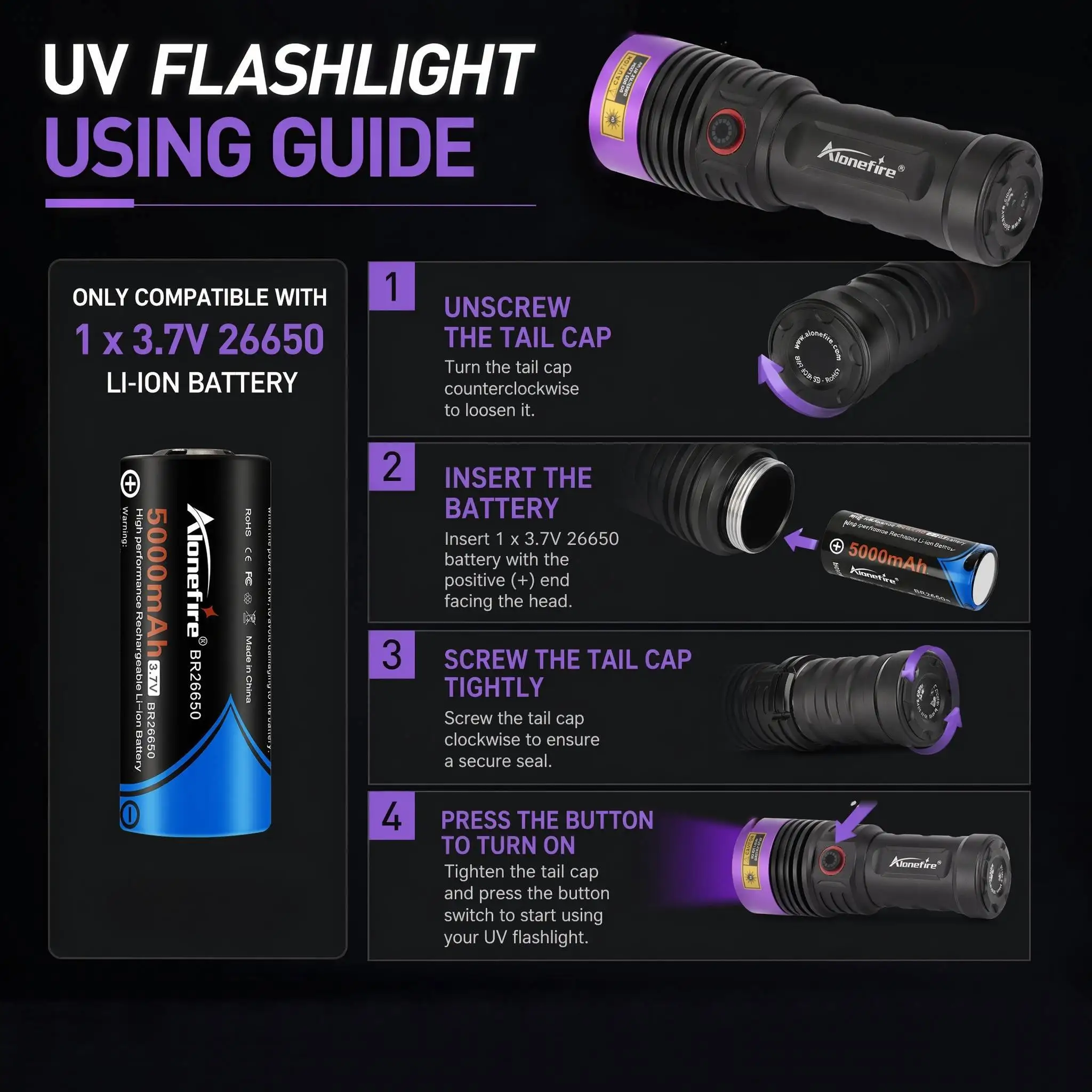 Alonefire 20W LED 365nm/395nm UV-Schwarzlicht-Taschenlampe USB-Aufladbar für Haustierflecken, Tinea, Geld, Erze, Edelsteine, Jade, Skorpione – Detail 9