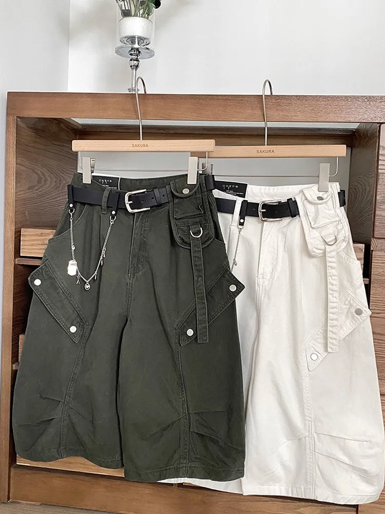 High Waist Denim Cargo Capri Pants Summer Korean Style Wide Leg Casual Pants Women Loose Seven Points Streetwear Trousers