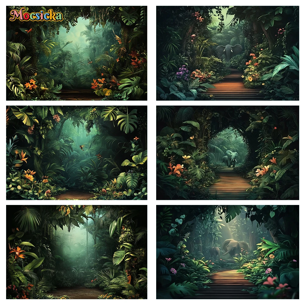 

Mocsicka Зачарованный тропический лес, пышная зелень, скрытые животные, деревянная дорожка, слон, тигр, темный загадочный фон для фотосъемки глубины