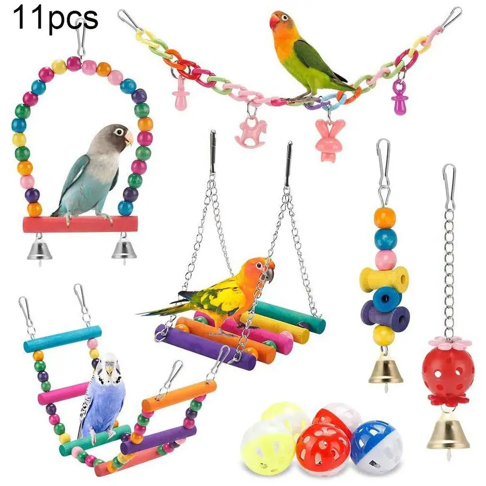 11pcs/Kit Bird Cage Toys For Parrots Wood Birds Swing Reliable Chewable Bite Bridge Wooden Beads Shape Parrot Toy Bird Toys