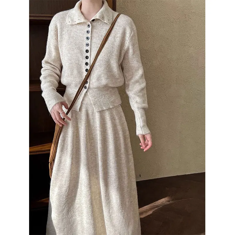 Temperament Sweater Set for Women's 2025 Autumn and Winter New Item, Single Breasted Knitted Top, Half Skirt Two-piece Set Dress