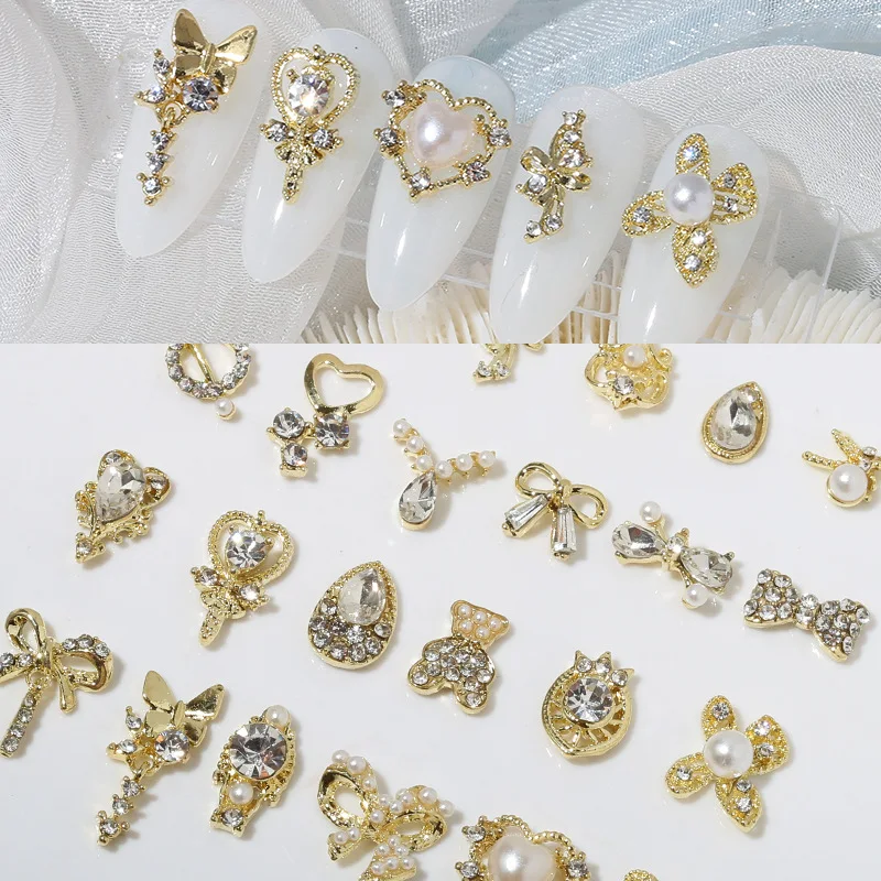 

5PCS nail art rhinestones zircon diamond gold silver alloy butterfly bow heart water drop shape broken drills pearls RS015