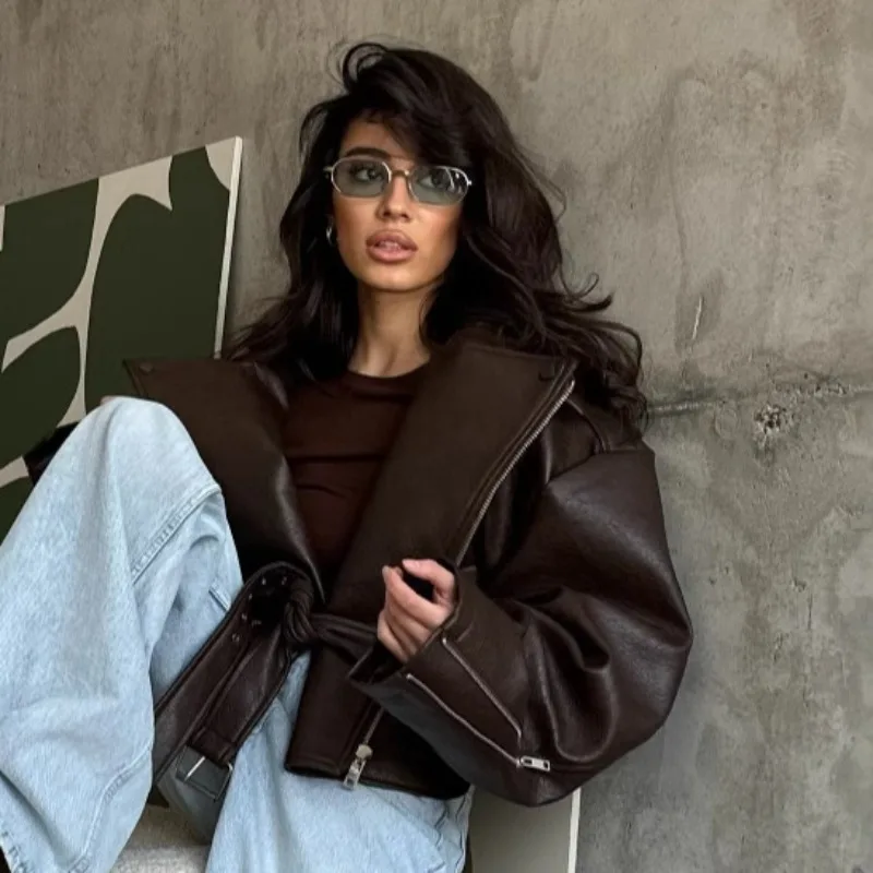 Elegante Vintage Braun Zipper Leder Kurze Jacke Frauen Chic Revers Lange Ärmeln Gürtel Lose Mäntel Herbst Highstreet frauen Mantel