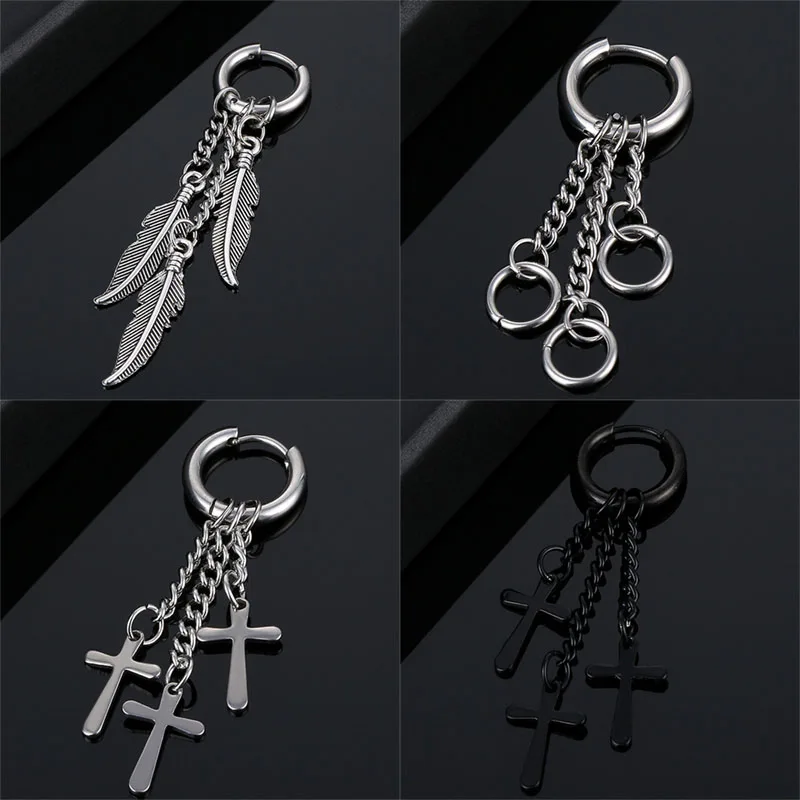 Pendiente de borla de plumas cruzadas de diseño Simple, colgante geométrico de moda de acero inoxidable, joyería para oreja, regalos de fiesta para mujeres y hombres