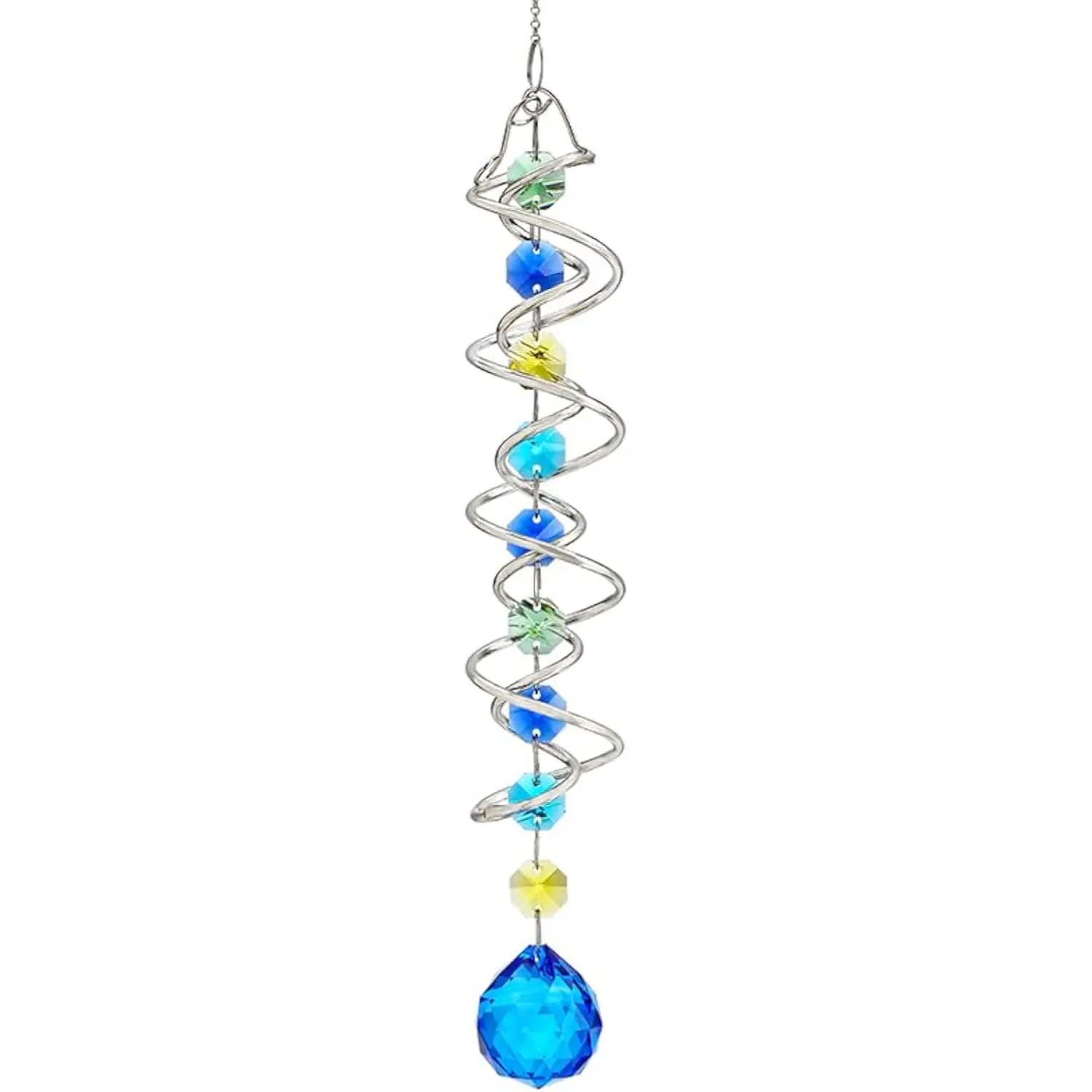Decorative Wind Spinner Sun Catcher,Rainbow Maker Double-Spiral Sea Blue Crystal Ball and Chain for Outdoor Decoration