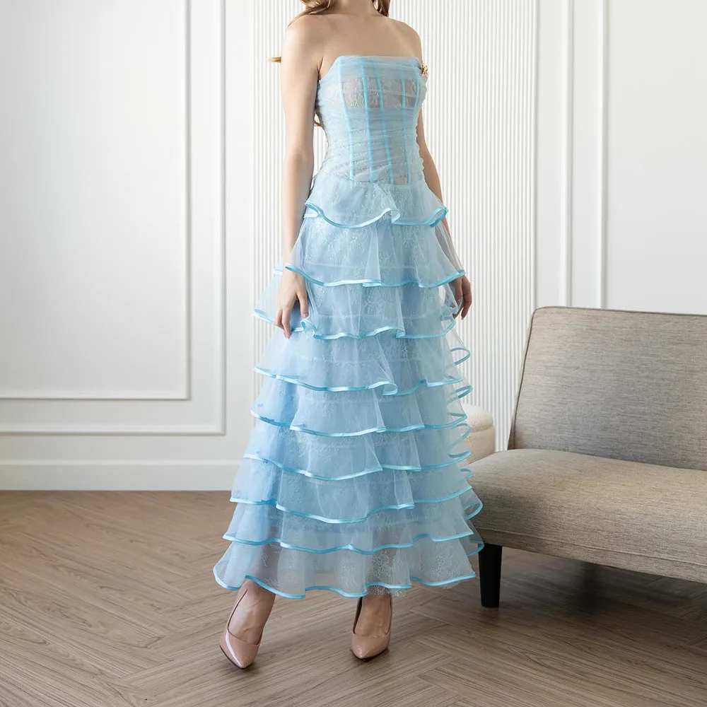 

Customized A-line Evening Dresses Ankle-length Strapless Sleeveless Prom Gown Simple Fashion Tiered Draped Backless Party Gown