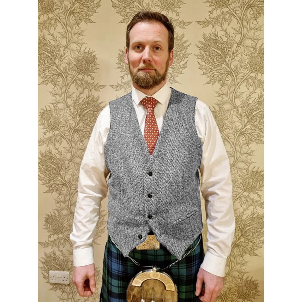 Retro Men's Vest Suit Herringbone Tweed Vests Satin Back Dinner Party Single Breasted Sleeveless Waistcoat Male Dress Casual