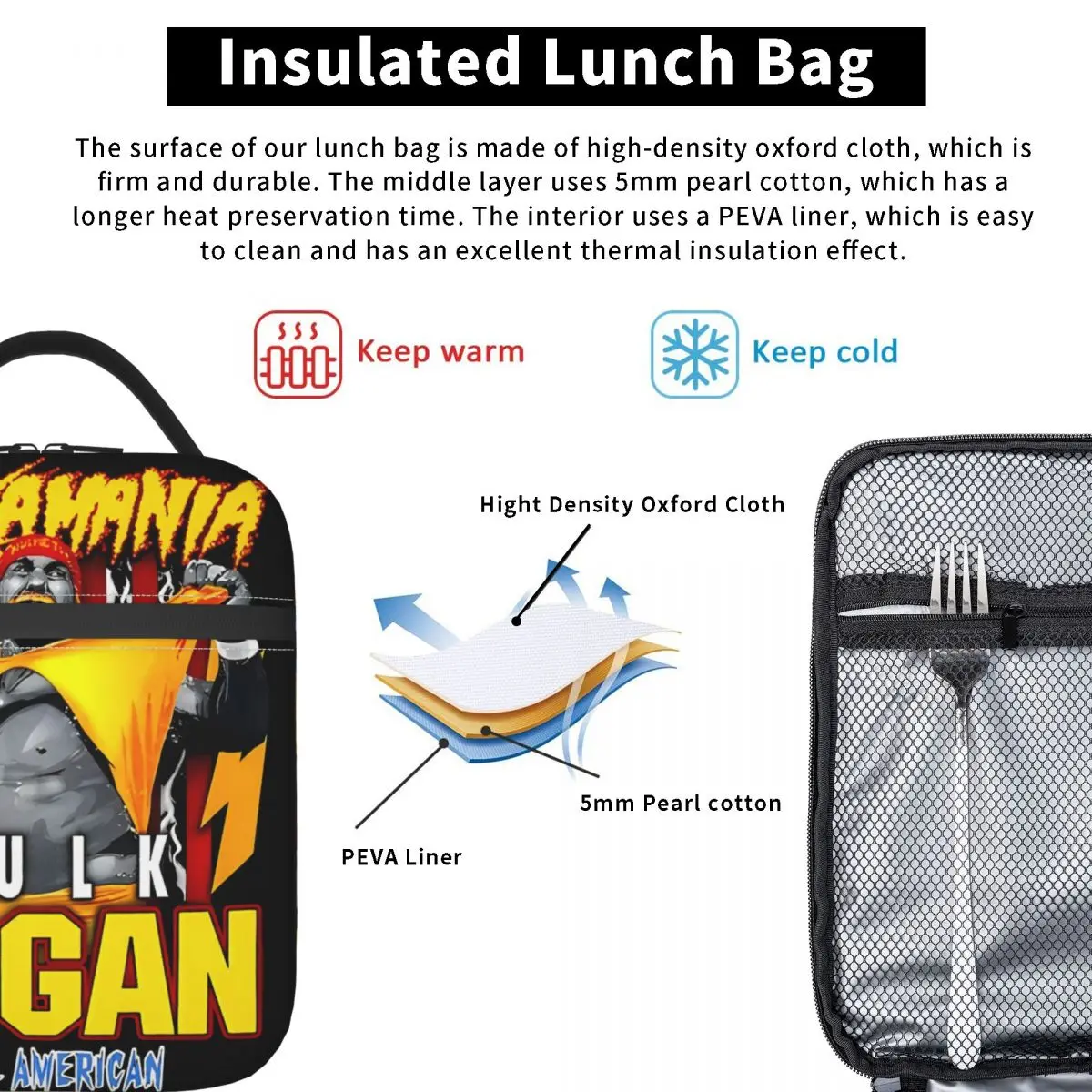 Hulk Hogans Hulkamania Real American Ripped Merch Insulated Lunch Bags For School Food Storage Bag Portable Thermal Bento Box