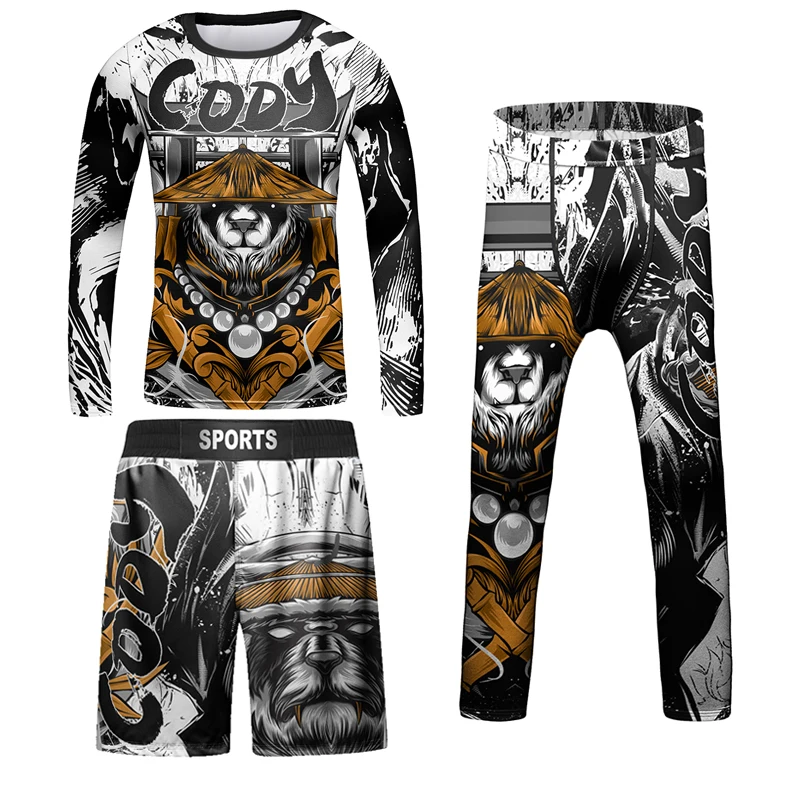 Nowe MMA dziecko Rashguard Jiu Jitsu T-shirt + zestaw spodni chłopiec dziewczyna Bjj wysypka Guard odzież sportowa dla dzieci spodenki Muay Thai