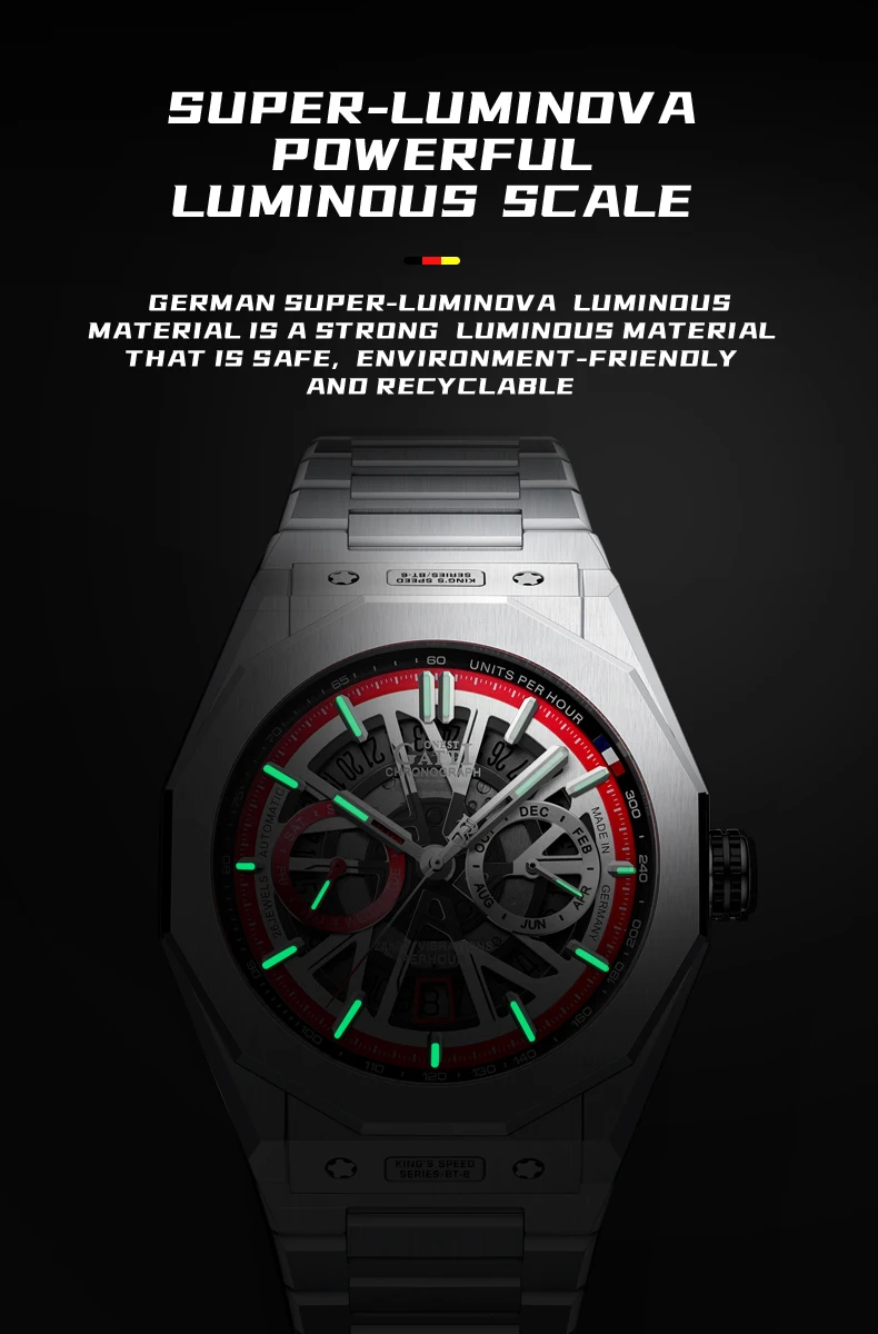 BONEST GATTI ساعة أوتوماتيكية للرجال ساعة يد ميكانيكية فاخرة هيكل عظمي مقاوم للماء الياقوت مضيئة الصلب حزام شهر أسبوع التاريخ #3