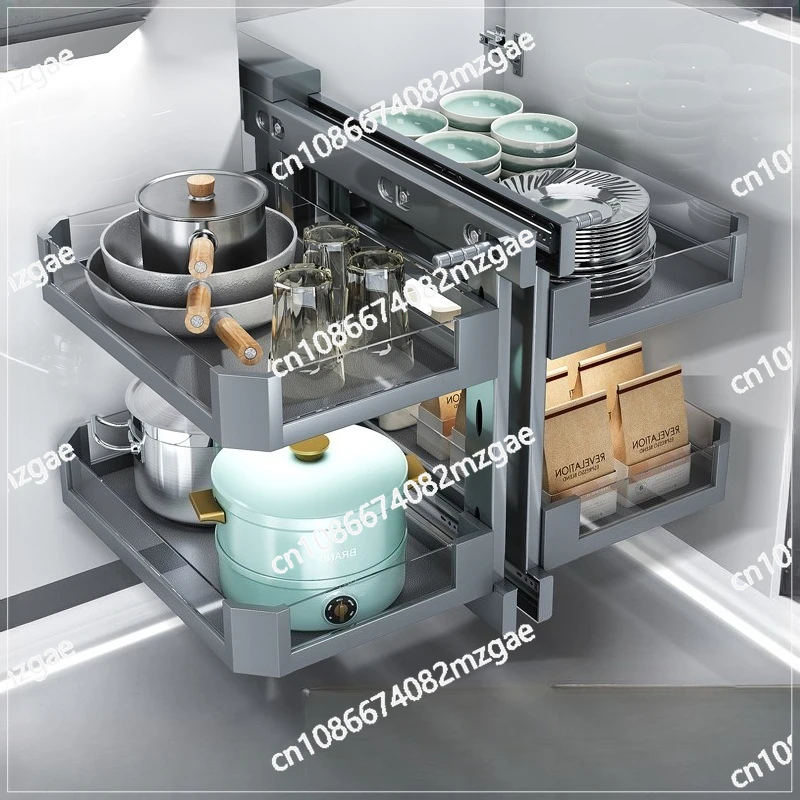 

The Corner Pull-out Basket Cabinet Rotates and Pulls Out The Double-layer Drawer Storage Rack