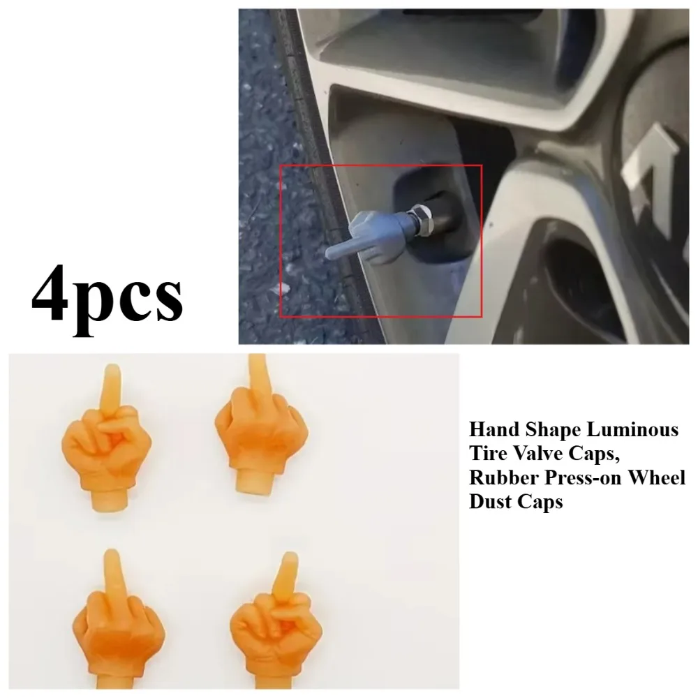 4Pcs Soft Rubber Press-Fit Hand Shape Luminous Valve Cap, Wheel Hub Dust-Proof Seal, Anti-Air-Leak Practical Car Accessory