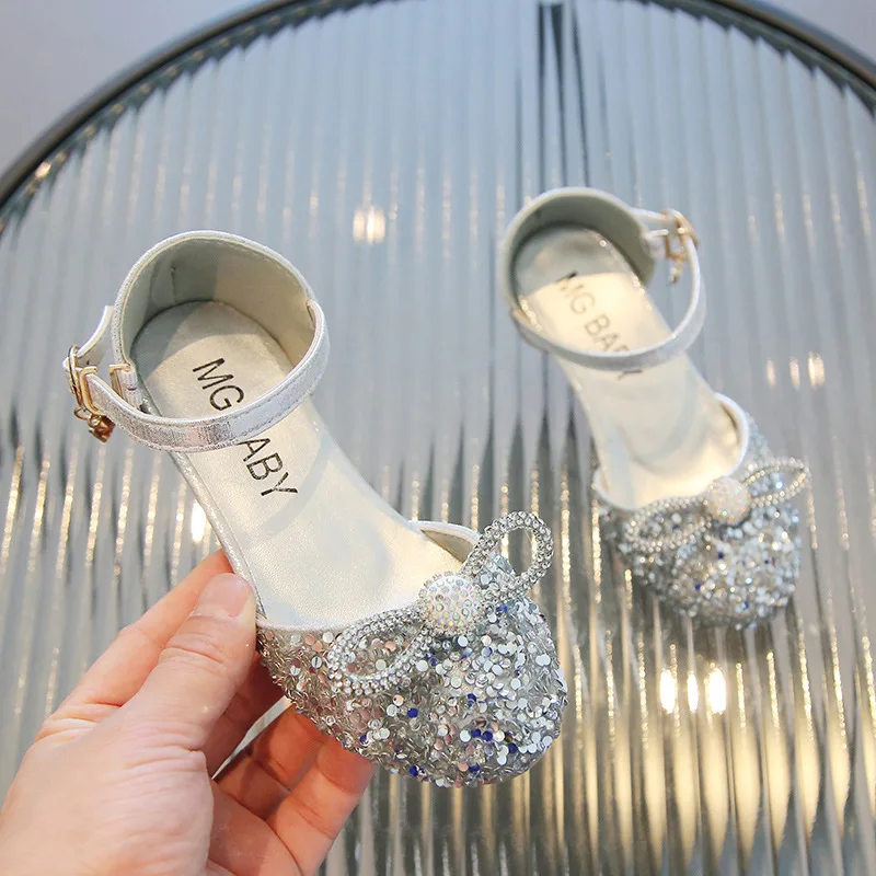 Kids Leather Shoes Girls Spring Fashion Princess Rhinestone Single Shoes Sequins Bow Baby Girl Casual Wedding Shoes Flat Sandals