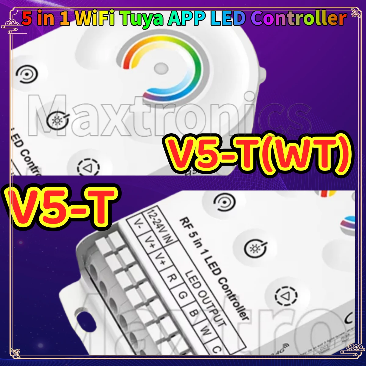 

2026 Skydance 5 в 1 WiFi Tuya APP Светодиодный контроллер V5-T 2,4G RF CV Контроллер 5 каналов * 3A V5-T (WT) DIM/CCT/RGB/RGBW/RGB + CCT Светодиодная лента