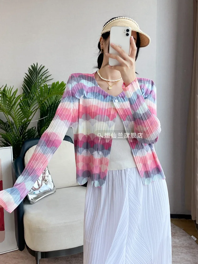 

SMVP Women Short Jacket 2025 Summer New Round Neck Long-sleeved Retro Print Cardigan Design Loose Large Size Female Tops
