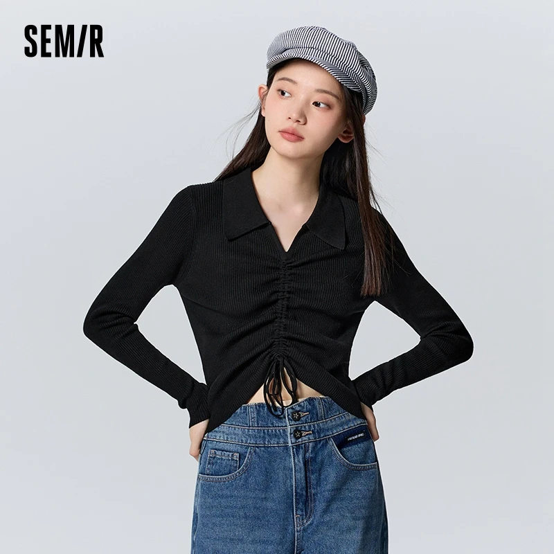 Semir-女性用ポロシャツカラーセーター、単色プルオーバー、ショート、痩身、引きひも、冬