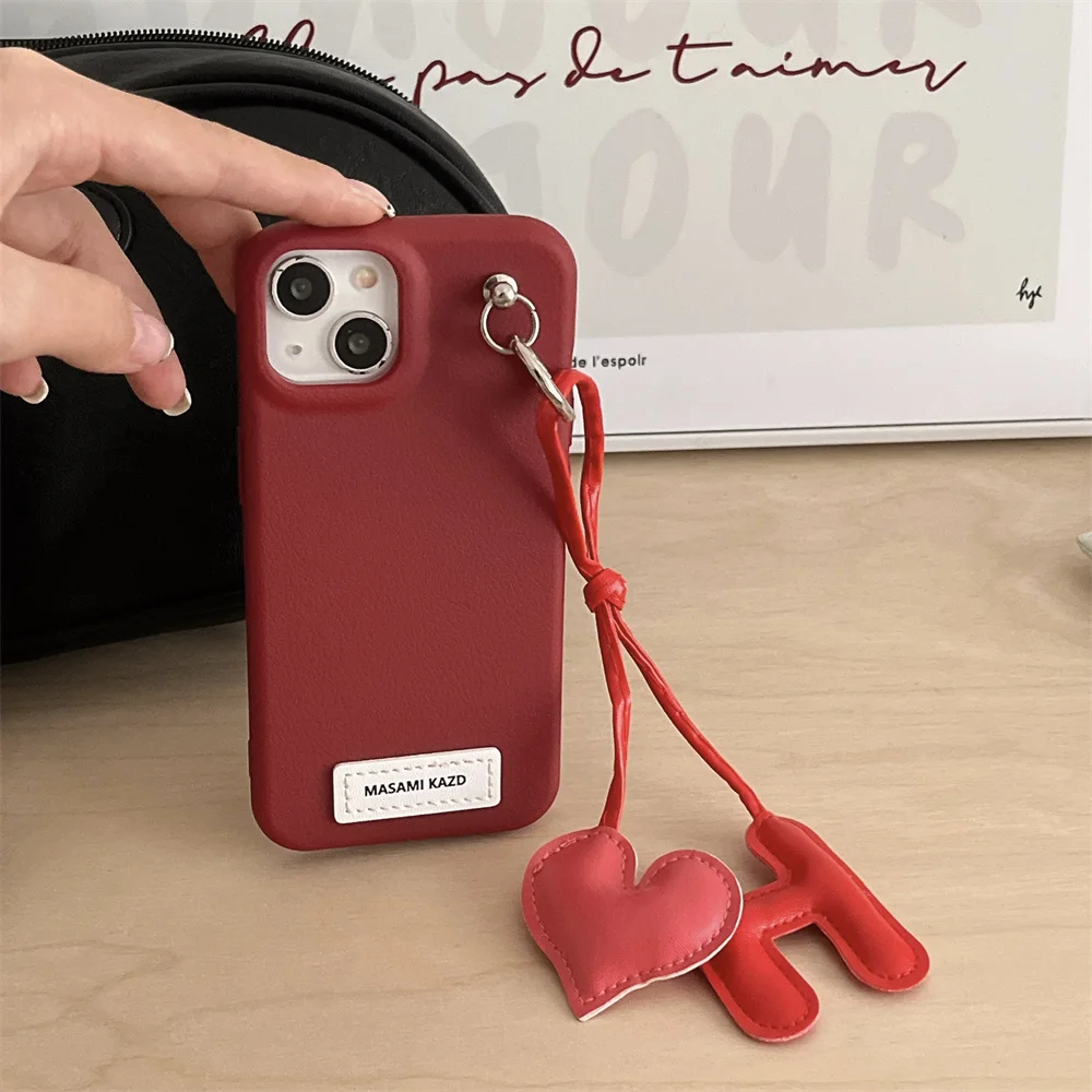 Cute Lychee Leather Heart Pendant Phone Case For iPhone 16 15 13 14 12 Pro Max INS Lovely Girl Korea Soft Silicone Back Cover