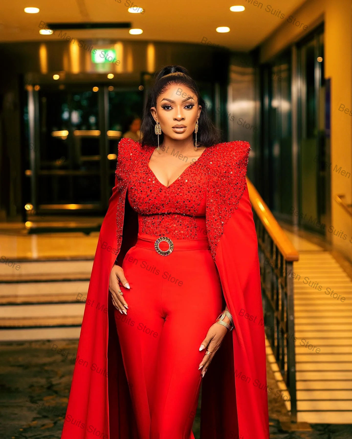 Luksusowy Czerwony Damski Garnitur Dwuczęściowy: Marynarka + Spodnie, Kryształowy Elegancki Żakiet Biurowy, Personalizowane Smokingi Ślubne, Bawełniany Płaszcz