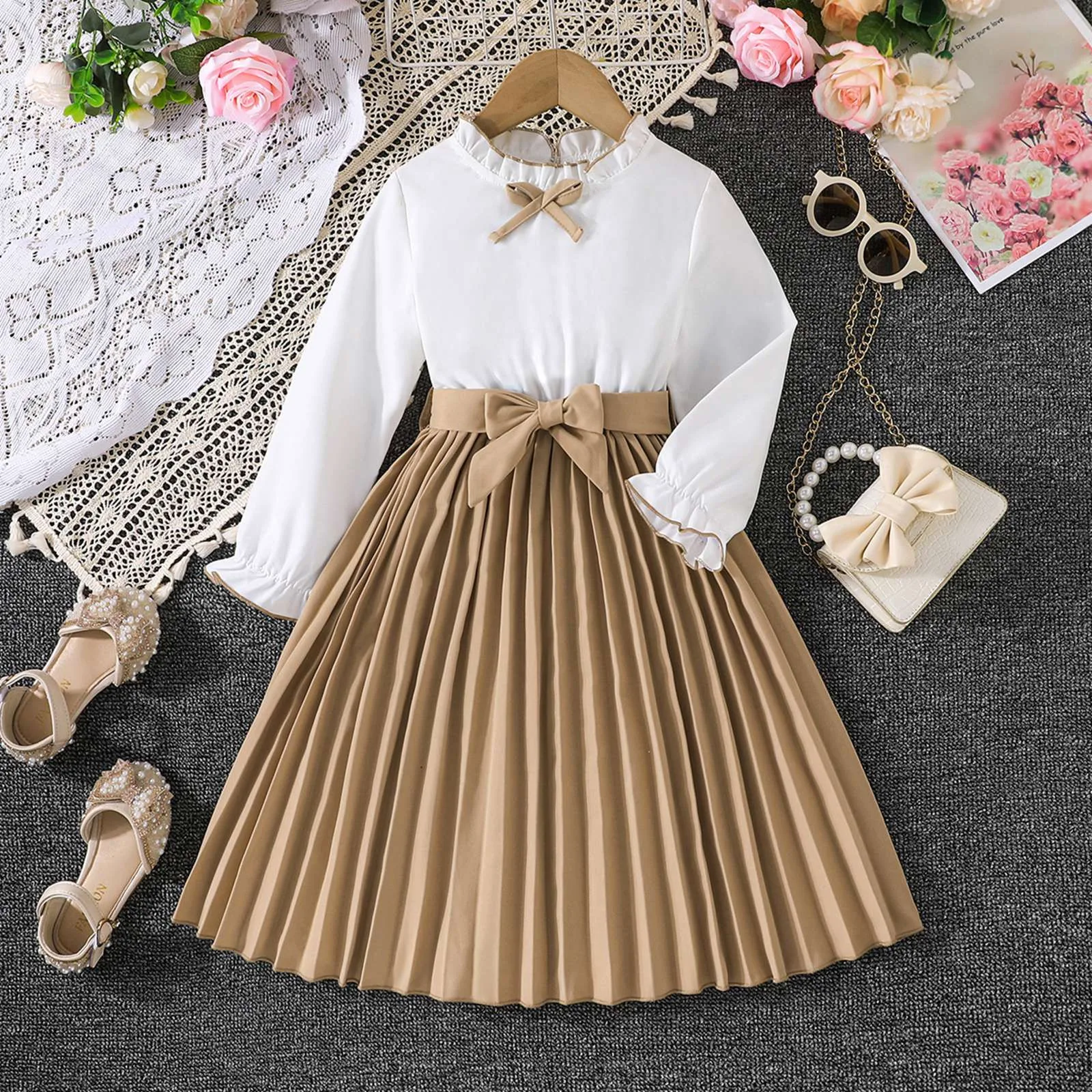 

White Dress For Girls White Petal Sleeves Pleated Khaki Skirt &Bow Tie Preppy Style Elegant Birthday Party Clothes For 4-12Years