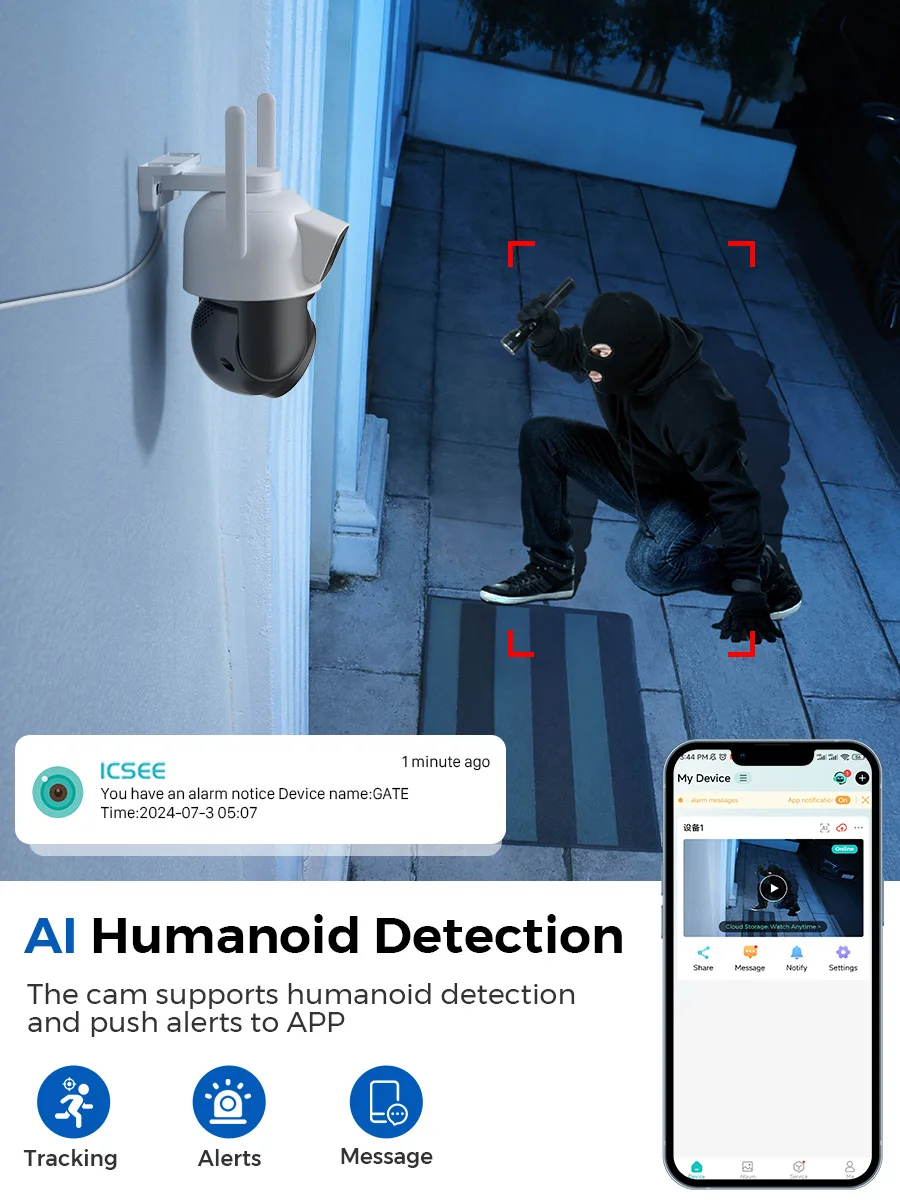 كاميرا iCSee Wifi PTZ خارجية 5K 10MP HD عدسة مزدوجة الأمن IP 4K 8MP AI تتبع ONVIF CCTV كاميرا مراقبة واي فاي