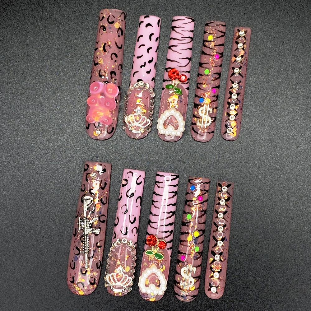 

Covered Decoration Crystal Extra Long Gel Handmade Nails Press on Luxurious Glossy 10PCS 55MM Exclusive Design Reusable Nail Set