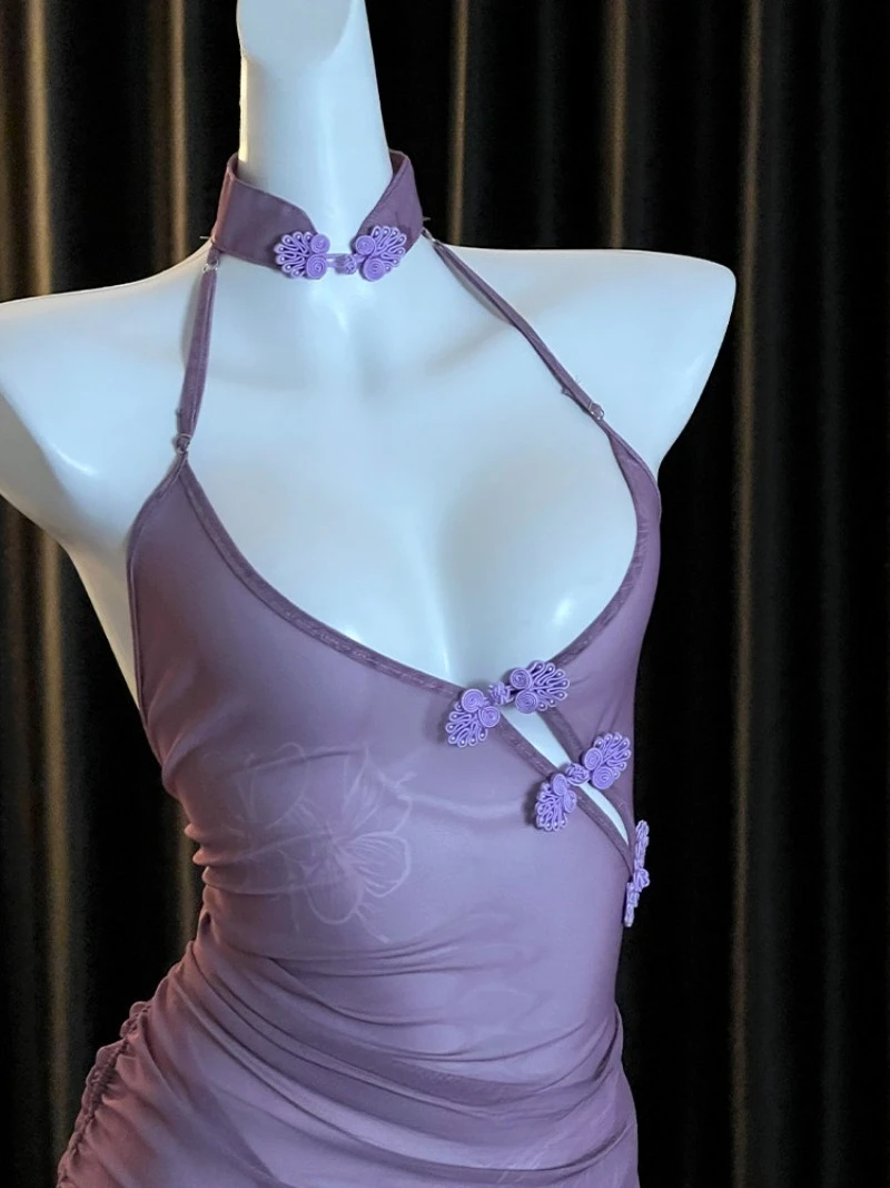Paarse oude Chinese Hanfu-stijl sexy nachtjurk, transparant kanten mesh, hoge split cheongsam pyjama, doorzichtige diepe V-borst