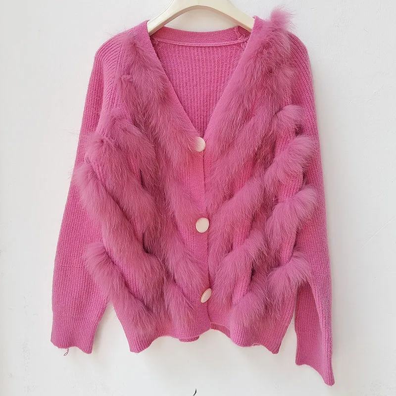 2025 Real Fox Fur Trim Cardigan With Button Long Sleeve Loose Women Fashion Knitted Open Stitch Sweater Female Winter Outwear