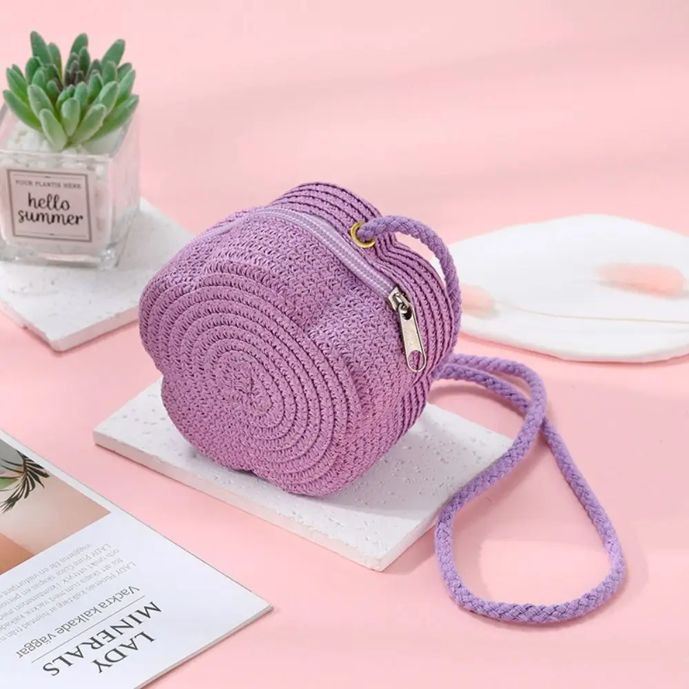 Fashion Woven Straw Shoulder Bags Cute Travel Coin Purse Flower Lightweight Crossbody Bag for Children