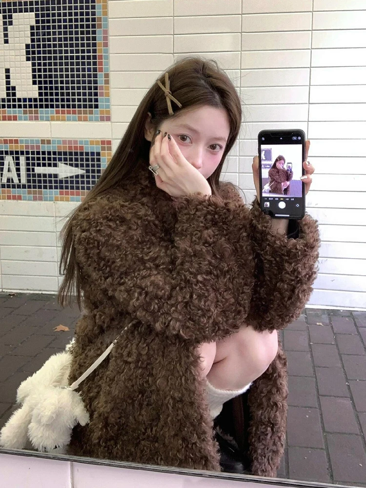 

New Teddy Roll Lamb Fur Jaet Women Winter Mid-Length Thiened Leather Fur Inteated Plu Coat Small Size Youth Faion