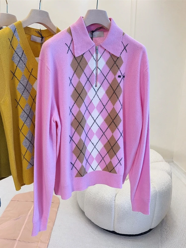 

Sweet Pink Diamond Patterned f-Zip Sweater Stand Collar Loose Fit Long Sve Winter Women's Faion Premium Quali Knitwear