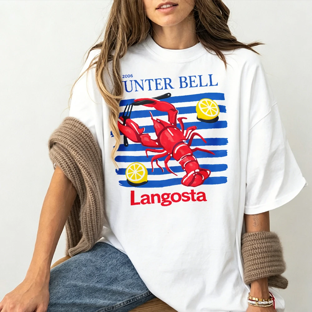 Women Hunter Bell Langosta Lobster Lemon Blue Stripe Print T Shirt Crew Neck Short Sleeve Cotton Tee Seafood Beach Casual Tops