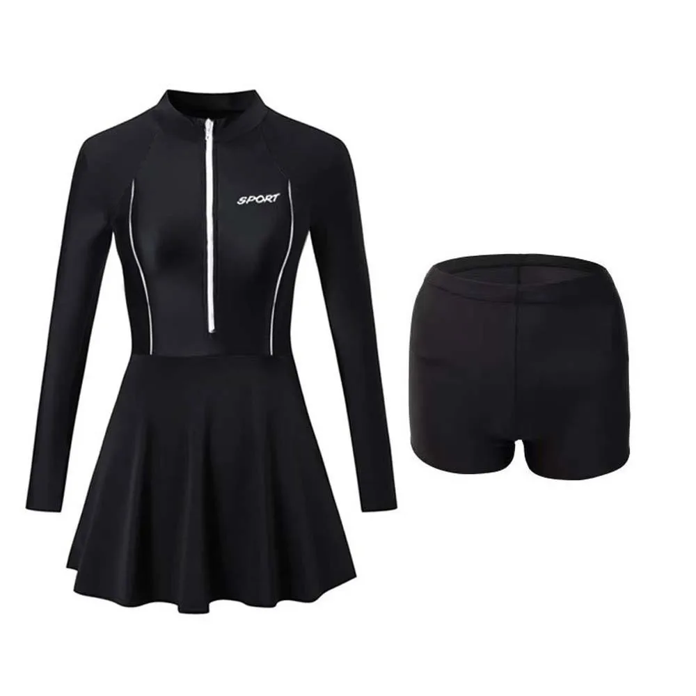 3pcs Fashion Beachwear Long Sleeve Swimsuit Sun Protection Tights Bikini Women Bathing Suit Black Smooth Beach Swim Skirts Pool