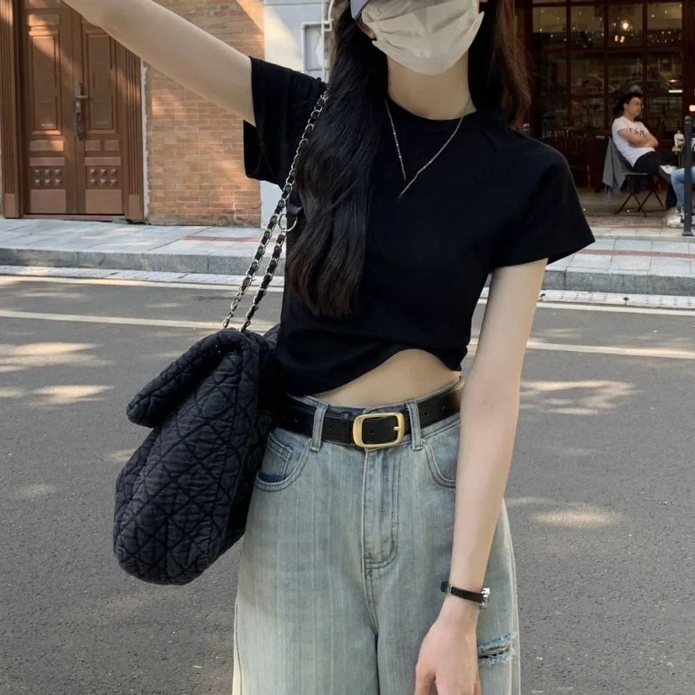 Eenvoudige effen kleur korte mouw T-shirt slim fit chic Y2K crop top Koreaanse stijl zoete tees shirts dames streetwear