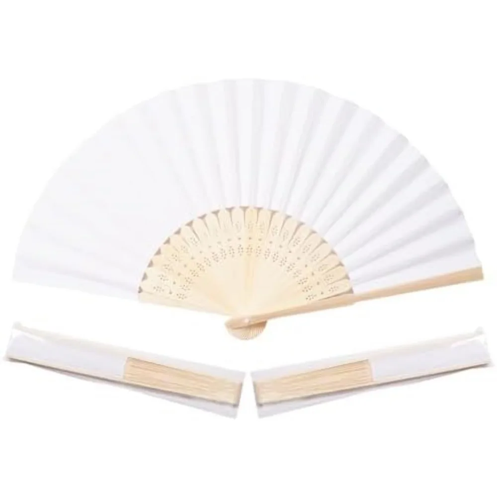 50 Pack White Paper Folding Fans Bamboo Handle Wedding Party Home Decoration