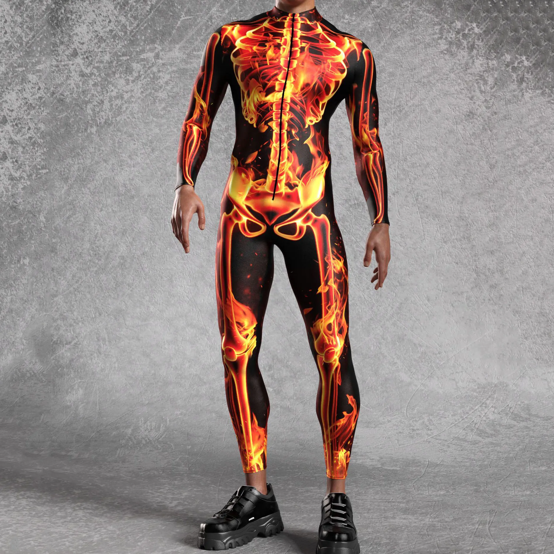 Men Flame Skull Halloween Party Cosplay Horror Costume Jumpsuit Punk Blazing Skeleton Bodysuit Zentai Festival Outfit Romper