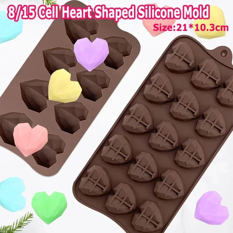 Molde de silicona con forma de corazón para repostería, herramientas de decoración de pasteles de goma, 8/15 celdas