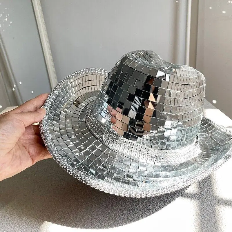 Glitter Mirror Disco Cowboy Hat Stunning Disco Ball Hats For DJ Glitter Sequins Cowboy Hat Cap For Club Stage Bar Party Dance