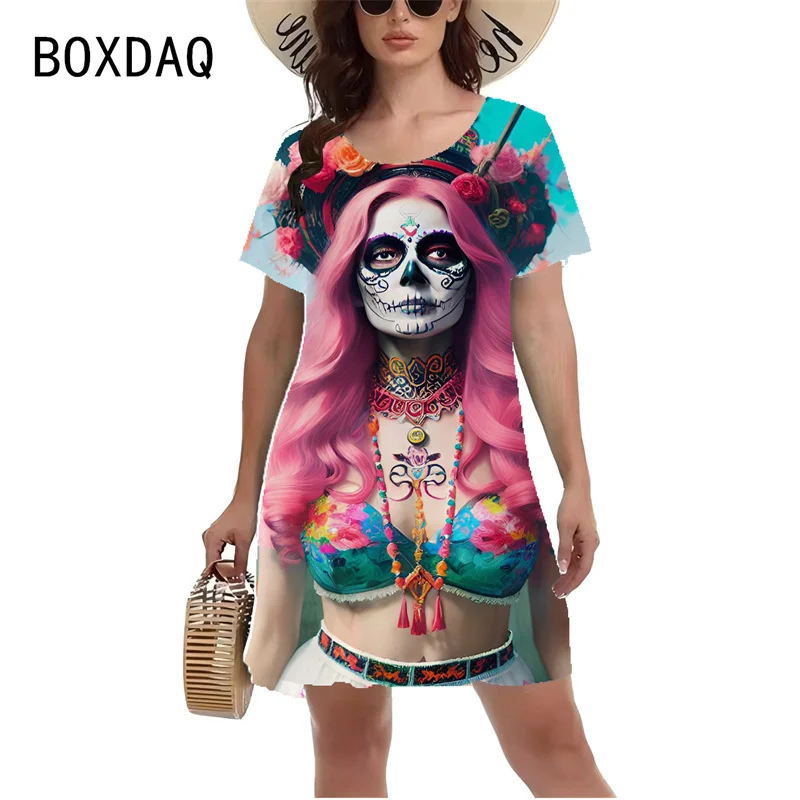 3D Funny Horror Skull Rose Printed Dress Women Short Sleeve O-Neck Casual A-Line Dress Fashion Streetwear Y2k Lady Dress Vestido